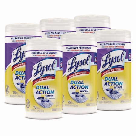 Lysol Dual Action Disinfecting Wipes, 1-Ply, 7 x 7.5, Citrus, White/Purple, 75/Canister, PK6 19200-81700